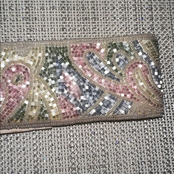 Vintage S Ivory Pink Green Yellow Blue Beaded Pastel Colored Wide Velcro Belt main image 7